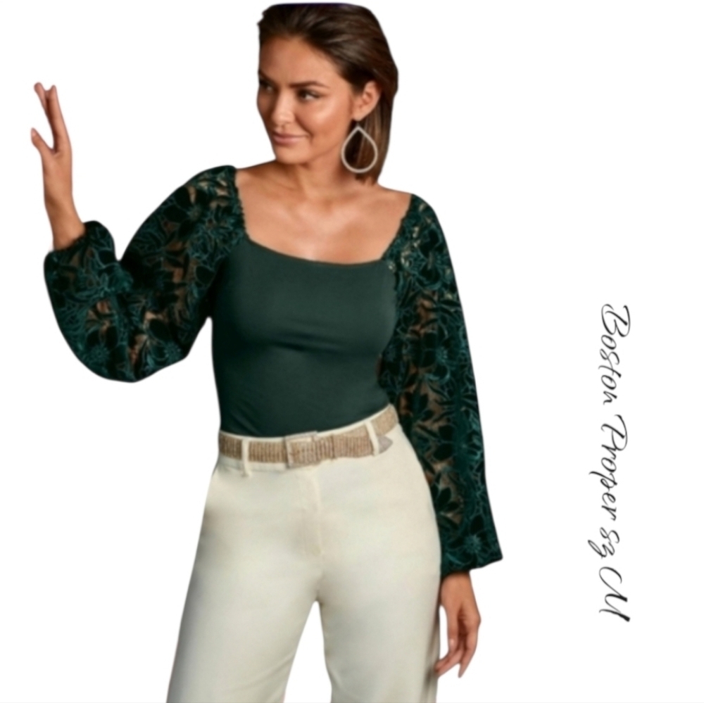 Boston Proper Green Velvet Lace Balloon Sleeve Top Square Neck Emerald M